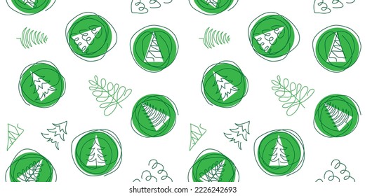 Xmas green pattern, christmas pine trees seamless vector pattern. One continuous line art drawing. Simple green Christmas trees pattern.