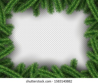 Xmas green pine tree on transparent background vector illustration. Festive winter template with fir branches. Greeting card for merry christmas and New Year, invitation or sale banner, gift voucher