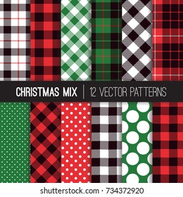 Xmas Green, Red, Black and White Polka Dots, Gingham and Tartan Plaid Vector Patterns. Set of Christmas Backgrounds. Trendy Hipster Flannel Shirt Checks.  Pattern Tile Swatches Included.