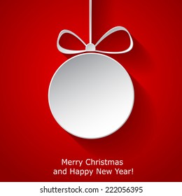 Xmas greeting card with abstract paper Christmas ball on red background. Vector eps10 illustration