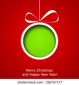 Xmas greeting card with abstract paper Christmas ball on red background. Vector eps10 illustration