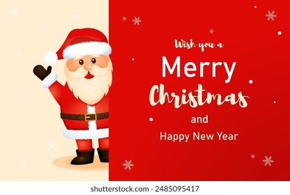 Xmas greeting card banner with cheerful santa on red background in cartoon style.We wish you a merry christmas and happy new year 2025.