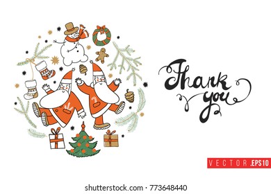 Xmas greeting card with beautiful round composition and text: thank you. Cute composition for Merry Christmas and New Year celebration. Isolated vector art on white background.