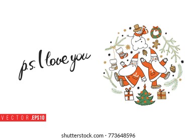 Xmas greeting card with beautiful round composition and text: ps i love you. Cute composition for Merry Christmas and New Year celebration. Isolated vector art on white background.