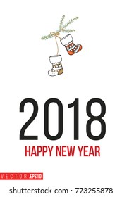 Xmas greeting card with christmas stocking on fir twig and text: happy new 2017 year. Cute composition for Merry Christmas and New Year celebration. Isolated vector art on white background.