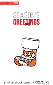 Xmas greeting card with christmas stocking and text: season's greetings. Cute composition for Merry Christmas and New Year celebration. Isolated vector art on white background.