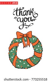 Xmas greeting card with christmas wreath and text: thank you. Cute composition for Merry Christmas and New Year celebration. Isolated vector art on white background.