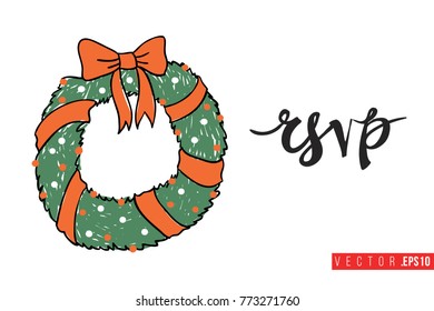 Xmas greeting card with christmas wreath and text: rsvp. Cute composition for Merry Christmas and New Year celebration. Isolated vector art on white background.