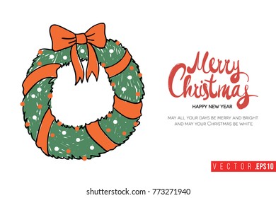 Xmas greeting card with christmas wreath and text: merry christmas. Cute composition for Merry Christmas and New Year celebration. Isolated vector art on white background.