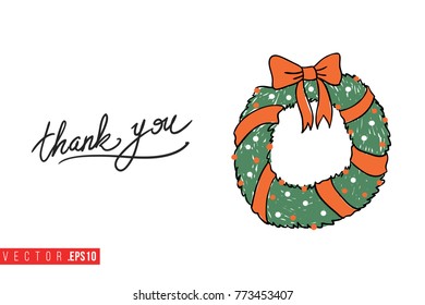 Xmas greeting card with christmas wreath and text: thank you. Cute composition for Merry Christmas and New Year celebration. Isolated vector art on white background.