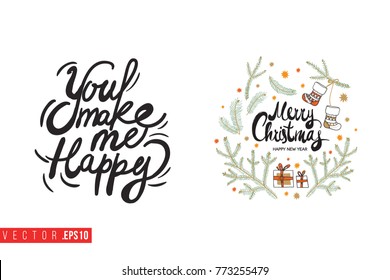 Xmas greeting card with composition of fir twigs stars gifts and text: you make me happy. Cute composition for Merry Christmas and New Year celebration. Isolated vector art on white background.