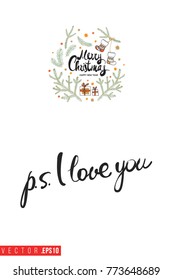 Xmas greeting card with composition of fir twigs stars gifts and text: ps i love you. Cute composition for Merry Christmas and New Year celebration. Isolated vector art on white background.