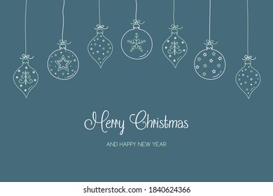 Xmas greeting card. Concept of hanging Christmas balls with hand drawn ornaments. Vector