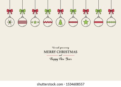 Xmas greeting card with decorations. Hanging Christmas balls with text. Vector