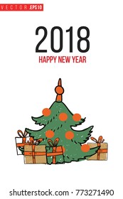 Xmas greeting card with decorative fir tree with gifts and text: happy new 2017 year. Cute composition for Merry Christmas and New Year celebration. Isolated vector art on white background.