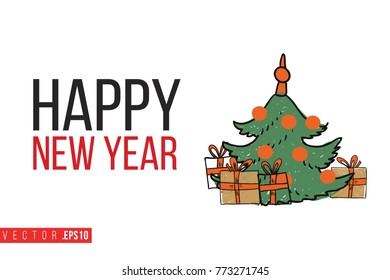 Xmas greeting card with decorative fir tree with gifts and text: happy new year. Cute composition for Merry Christmas and New Year celebration. Isolated vector art on white background.