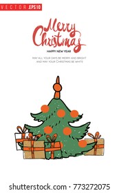 Xmas greeting card with decorative fir tree with gifts and text: merry christmas. Cute composition for Merry Christmas and New Year celebration. Isolated vector art on white background.