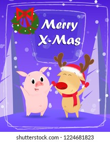 Xmas greeting card design. Dancing piggy, reindeer and hanging fir wreath on violet background. Template can be used for banners, posters, postcards