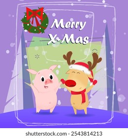 Xmas greeting card design. Dancing piggy, reindeer and hanging fir wreath on abstract background. Template can be used for banners, posters, postcards