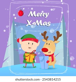 Xmas greeting card design. Reindeer and elf with gifts, red bauble and fir trees on abstract background. Template can be used for banners, posters, postcards