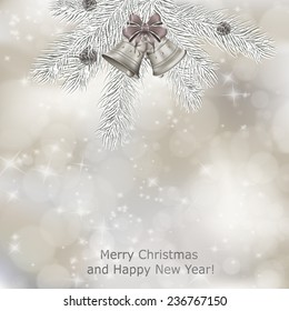 Xmas greeting card with fir branches and Christmas bells. Vector eps10 illustration