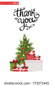 Xmas greeting card with fir tree with gifts and text: thank you. Cute composition for Merry Christmas and New Year celebration. Isolated vector art on white background.