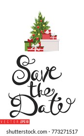 Xmas greeting card with fir tree with gifts and text: save the date. Cute composition for Merry Christmas and New Year celebration. Isolated vector art on white background.