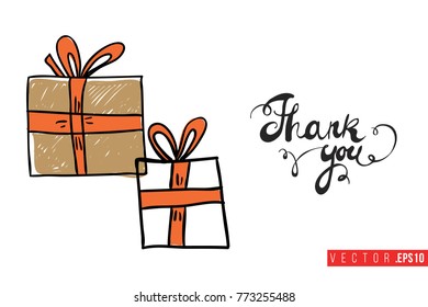 Xmas greeting card with gift boxes with presents and text: thank you. Cute composition for Merry Christmas and New Year celebration. Isolated vector art on white background.