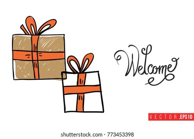Xmas greeting card with gift boxes with presents and text: welcome. Cute composition for Merry Christmas and New Year celebration. Isolated vector art on white background.