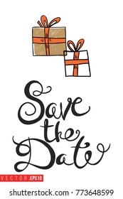 Xmas greeting card with gift boxes with presents and text: save the date. Cute composition for Merry Christmas and New Year celebration. Isolated vector art on white background.
