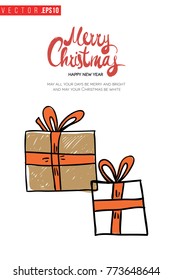 Xmas greeting card with gift boxes with presents and text: merry christmas. Cute composition for Merry Christmas and New Year celebration. Isolated vector art on white background.