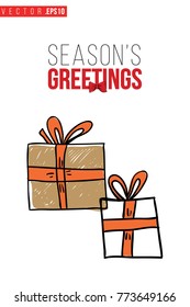 Xmas greeting card with gift boxes with presents and text: season's greetings. Cute composition for Merry Christmas and New Year celebration. Isolated vector art on white background.