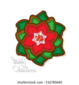 Xmas greeting card with a gingerbread in a shape of a poinsettia decorated colored icing and handwritten words Merry Christmas isolated on white background.