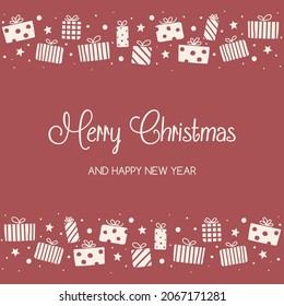 Xmas greeting card with hand drawn gift boxes. Christmas design. Vector