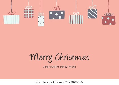 Xmas greeting card with hand drawn gift boxes. Christmas design. Vector