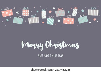 Xmas greeting card with hand drawn gift boxes. Christmas design. Vector