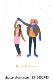 Xmas greeting card with happy skating couple in love. Young people dressed in winter clothes and skates. Vector illustration with golden snowflakes and text "Merry Christmas"