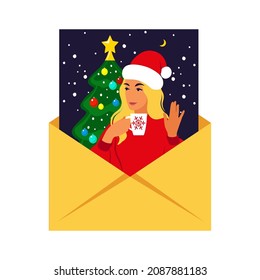 Xmas greeting card. Happy woman celebrate winter holidays. New Year's attributes. Vector illustration. Flat