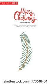 Xmas greeting card with little spruce twig and text: merry christmas. Cute composition for Merry Christmas and New Year celebration. Isolated vector art on white background.