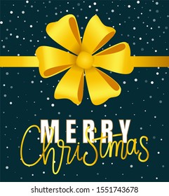 Xmas greeting card, merry christmas congratulations. Calligraphy inscription with star and candy minimalistic sketch. Yellow decorative ribbon bow with long tape on night sky. Vector illustration