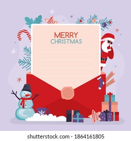 Xmas greeting card. Merry christmas gift card. Envelope decoration for new year. Congratulation letter template. Winter holiday and celebration. New Year's attributes. Trendy flat vector illustration