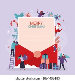 Xmas greeting card. Merry christmas gift card. Envelope decoration for new year. Congratulation letter template. Happy people celebrate winter holidays. New Year's attributes. Flat vector illustration