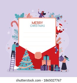 Xmas greeting card. Merry christmas gift card. Envelope decoration for new year. Congratulation letter template. Happy people celebrate winter holidays. New Year's attributes. Flat vector illustration