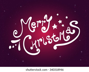 Xmas Greeting Card. Merry Christmas lettering, purple background with white snowflakes. Handwriting. Vector illustration