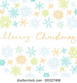 Xmas greeting card with new year decoration, snowflakes and hand written merry christmas sign.