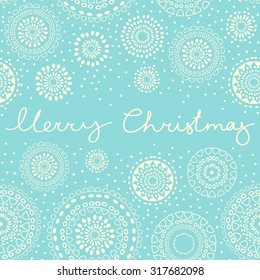 Xmas greeting card with new year decoration, snowflakes and hand written merry christmas sign. Vector seamless pattern.