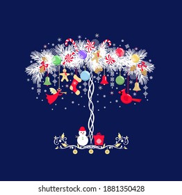 Xmas greeting card with paper cutting Christmas tree with hanging red angel, redbird, colorful balls, jingle bell, sock, candy and  gingerbread 