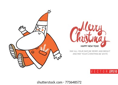 Xmas greeting card with greeting Santa Claus and text: merry christmas. Cute composition for Merry Christmas and New Year celebration. Isolated vector art on white background.