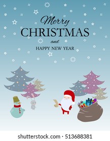 
Xmas greeting card with Santa, snowman, hare. Merry christmas and Happy new year
