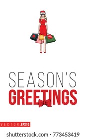 Xmas greeting card with shopper girl in red Santa Claus hat hat and text: season's greetings. Cute composition for Merry Christmas and New Year celebration. Isolated vector art on white background.